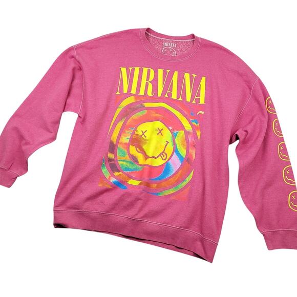 Nirvana Women’s Oversized Smiley Pullover Sweatshirt Sz XL/XXL Pink Grunge Y2K - Picture 1 of 10